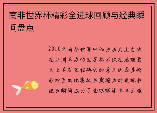 南非世界杯精彩全进球回顾与经典瞬间盘点